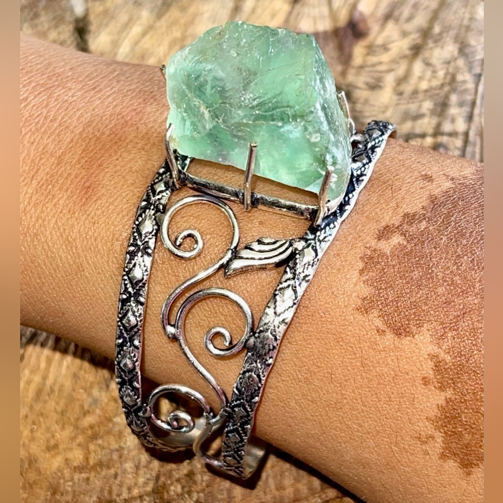 Translucent Green Rough Fluorite Cuff- Adjustable - Picture 3 of 9